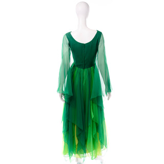 Long Sleeve Vintage 1970s Silk Chiffon Evening Dress in Multi Shades of Green
