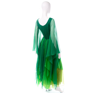 Vintage 1970s Silk Chiffon Evening Dress in Multi Shades of Green Handkerchief Hem