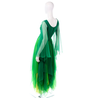 Handkerchief Hemm Vintage 1970s Silk Chiffon Evening Dress in Multi Shades of Green