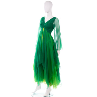 Vintage 1970s Silk Chiffon Evening Dress in Multi Shades of Green Maxi dress