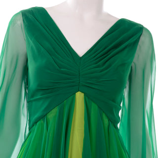 Pleated Bodice Vintage 1970s Silk Chiffon Evening Dress in Multi Shades of Green