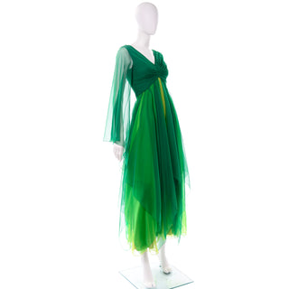 Vintage 1970s Silk Chiffon Evening Dress in Multi Shades of Lime and Emerald Green