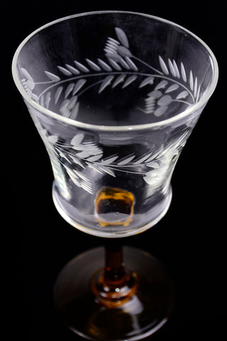 Vintage Amber Footed Wine Glasses w/ Leaves & Vines Set of 5