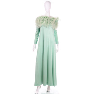 Vintage Green Jersey 1970s Maxi Dress w Ostrich Feathers Long Sleeves