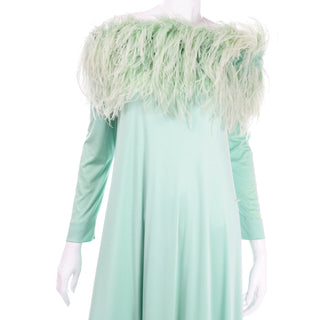 Vintage Green Jersey 1970s Maxi Dress w Green Ostrich Feathers
