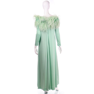 Vintage Green Jersey 1970s Maxi Dress w Ostrich Feathers Easy
