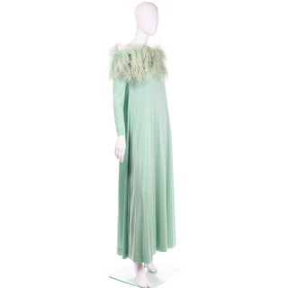 Vintage Mint Green Jersey 1970s Maxi Dress w Ostrich Feathers