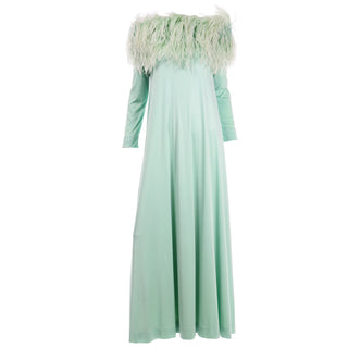 Unique Vintage Green Jersey 1970s Maxi Dress w Ostrich Feathers