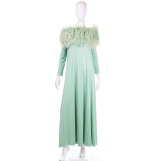 Vintage Green Jersey 1970s Maxi Dress w Dyed Ostrich Feathers