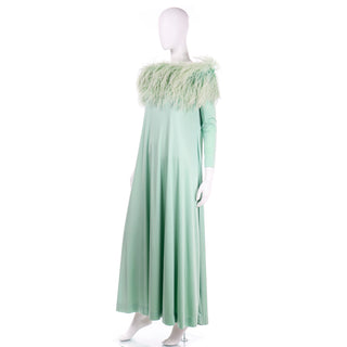 Vintage Green Jersey 1970s Maxi Dress w Ostrich Feathers Comfortable