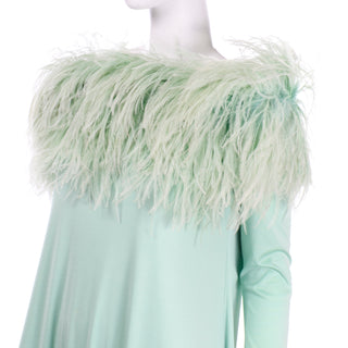 Vintage Green Jersey 1970s Maxi Dress w Ostrich Feathers at shoulders