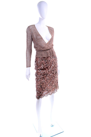 Vintage Copper Lace Sequin Skirt & Low Crochet Knit Top 