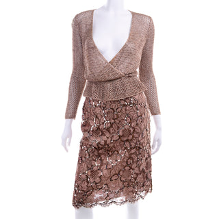Vintage Copper Lace Sequin Skirt & Crochet Knit Top W Tie