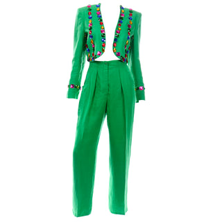 Escada Margaretha Ley Green linen Bolero Jacket and High Waist Trouser Pants Suit jeweled 