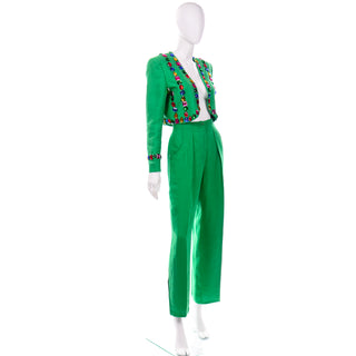 Escada Margaretha Ley Green linen Bolero Jacket and High Waist Trouser Pants Suit with jewels