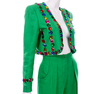 Escada Margaretha Ley Green linen Bolero Jacket and High Waist Trouser Pants Suit w multicolored jewels