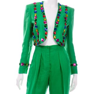 Jeweled  1980s Escada Margaretha Ley Green linen Bolero Jacket and High Waist Trouser Pants Suit
