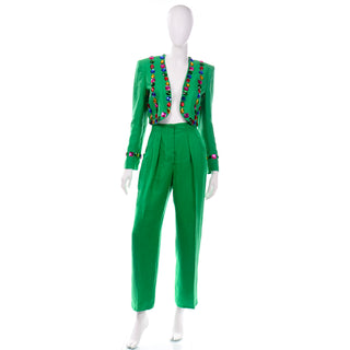 Escada Margaretha Ley Green linen Bolero Jacket w High Waist Trouser Pants Suit