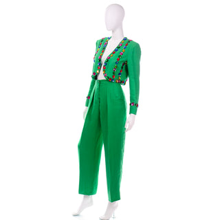 Escada Margaretha Ley Green linen Bolero Jacket and High Waist Trouser Pants Suit  w colorful jewels