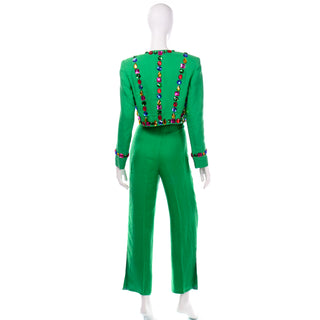 Jeweled Escada Margaretha Ley Green linen Bolero Jacket and High Waist Trouser Pants Suit