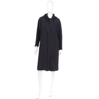 Unique 1950s Vintage Black Silk Hooded Coat With Striped Lining