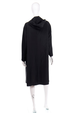 1950s Vintage Black Silk Hooded Coat With Striped Lining and Sash at neck