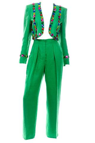 Escada Margaretha Ley Green linen Bolero Jacket and High Waist Trouser Pants Suit