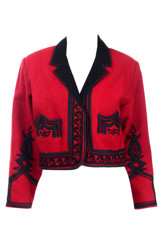 1980s Vintage Red Wool Cropped Guatemala Jacket W Black Embroidery