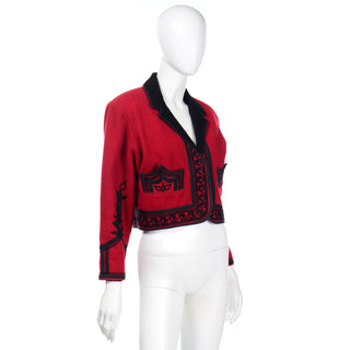 1980s Vintage Red Wool Cropped Guatemala Jacket W Black Embroidery soutache