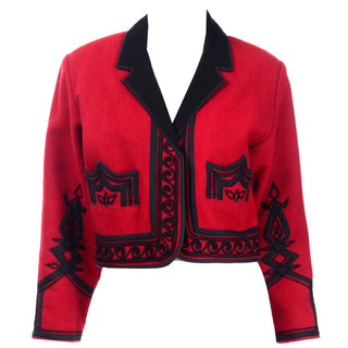 1980s Vintage Red Wool Cropped Guatemala Jacket W Black Embroidery 80s