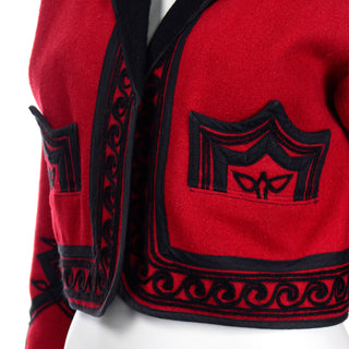 1980s Vintage Red Wool Cropped Guatemala Jacket W Black Embroidery w pockets