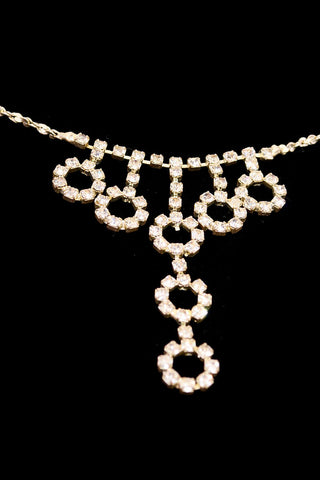 1970s Rhinestone Circle "Y" Dangle Necklace w/ Matching Earrings