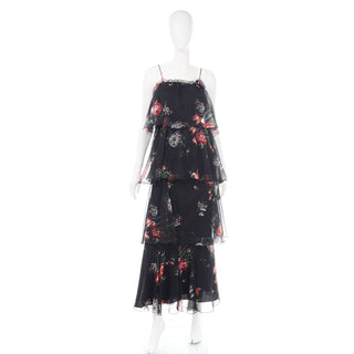 1970s Vintage 2 Pc Black Floral Sheer Tiered Ruffled Dress Mini or Maxi
