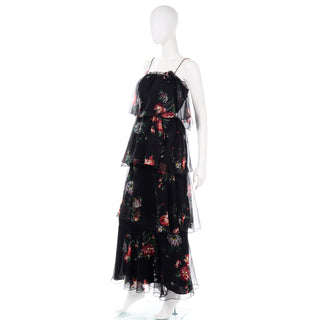 1970s Vintage 2 Pc Black Floral Sheer Tiered Ruffled Dress Flowers