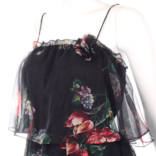 1970s Vintage 2 Pc Black Floral Sheer Tiered Ruffled Dress w flower pin brooch