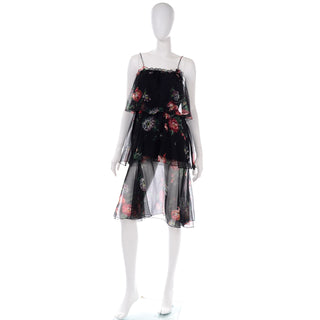 1970s Vintage 2 Pc Black Floral Sheer Tiered Ruffled Dress Mini or Maxi 70s