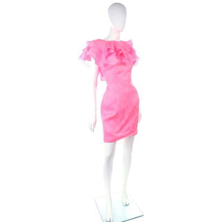 1980s Morton Myles Hot Pink Silk Ruffled Organza Dress
