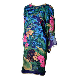 Vintage Floral Silk Jungle Caftan Dress Layered Sleeves Jeweled Tassels