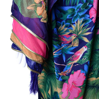 Floral Silk Jungle Caftan Dress Jeweled Tassels Vintage 