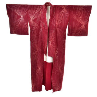 Vintage long kimono in burgundy silk with metallic starbursts