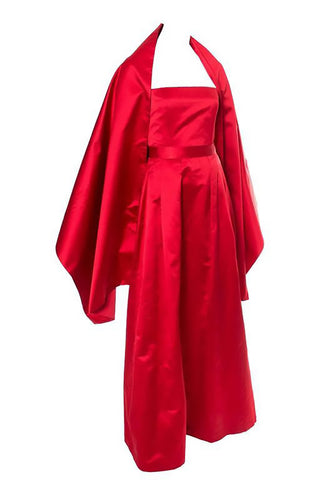 Vintage red silk satin evening gown with matching shawl or wrap