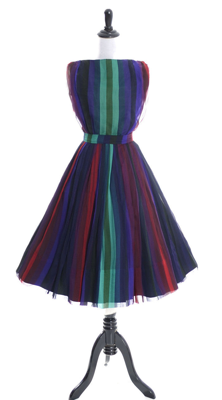 1950s Silk Chiffon Vintage Dress Multi colored Stripes Nathalie California Bullocks – Modig