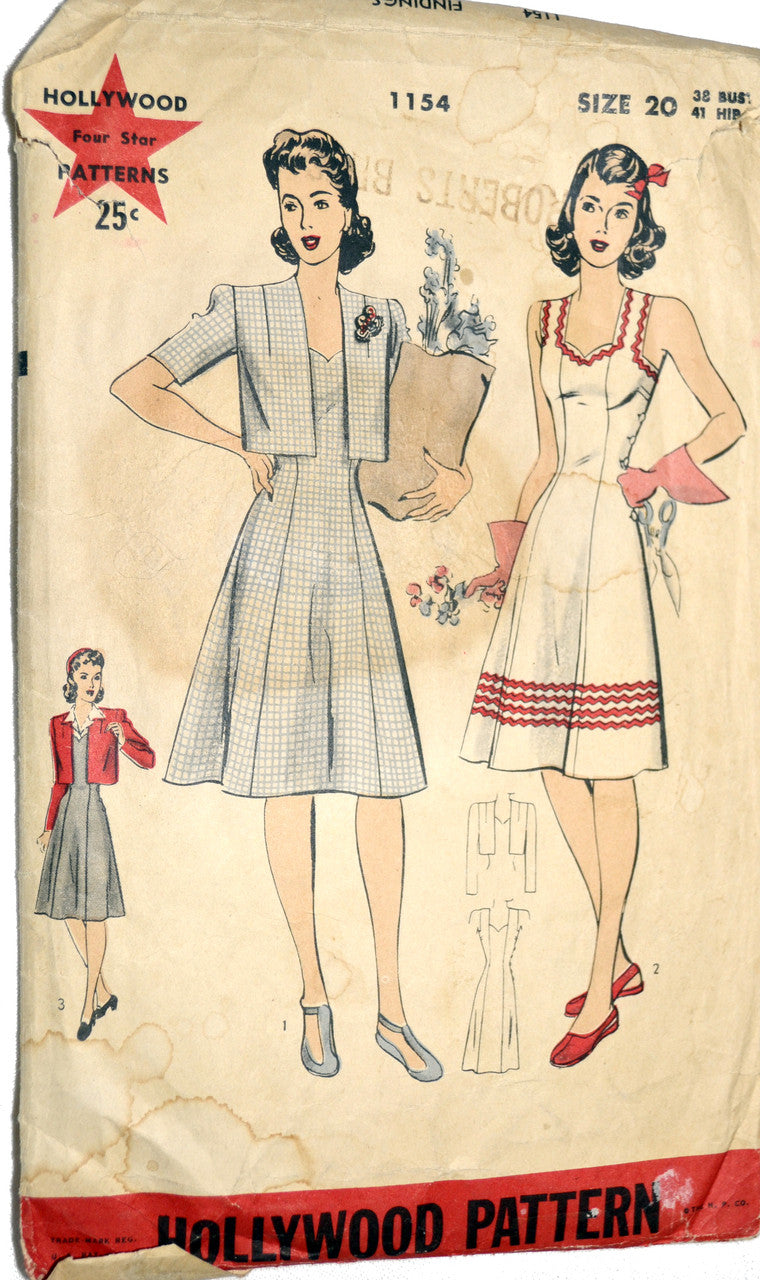 1940s Hollywood 1154 Wartime Vintage Pattern Jumper Dress Bolero