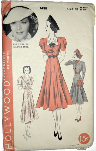 Hollywood 1438 vintage sewing pattern 40s Ruby Keeler dressses 36B - Dressing Vintage