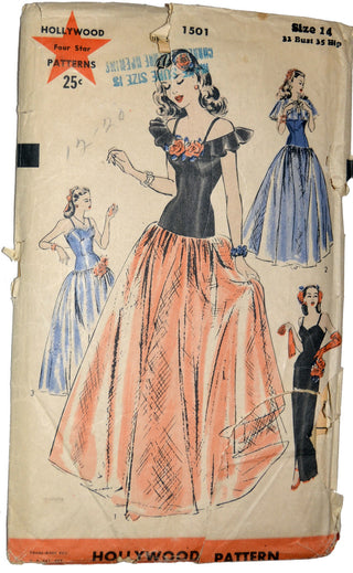 1940s Vintage Hollywood 1501 Uncutl Evening Dress Pattern 32B - Dressing Vintage