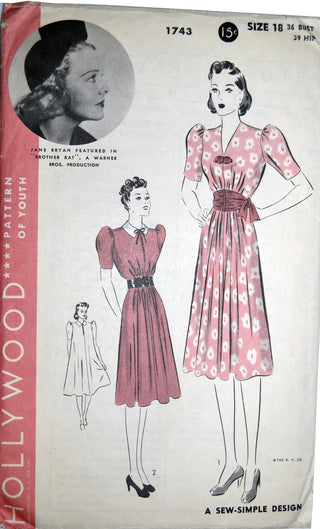 Vintage Hollywood 1743 Jane Bryan dress pattern unused 36B - Dressing Vintage