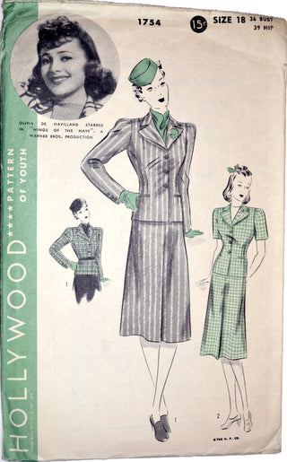 Hollywood 1754 vintage pattern Olivia de Haviland suit 36B - Dressing Vintage