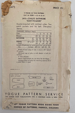 1950s  Vogue 2473 Vintage Childs Bathrobe Sewing Pattern