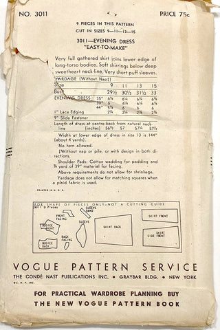 Vogue 3011 Vintage 1940s Evening Dress Sewing Pattern Wedding Gown