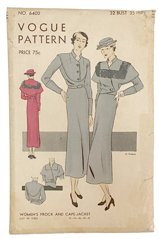 Uncut Rare 1930s Vogue 6400 Vintage Cape & Dress Sewing Pattern